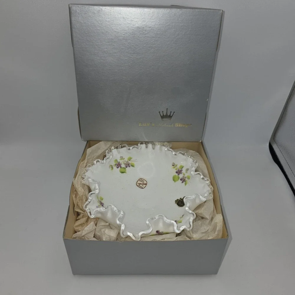 VINTAGE FENTON Silver Crest Milk Glass Footed Flared Bowl Violets Personalized
